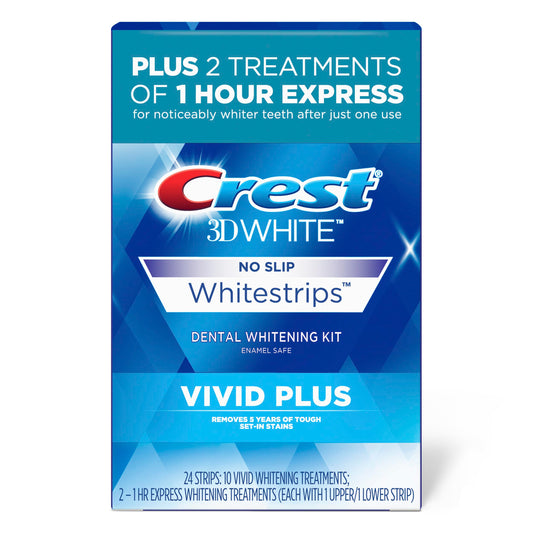 Crest 3DWhitestrips Vivid Plus 10 Treatments + 1 Hour Express 2 Treatments Teeth Whitening Kit, 8 Levels Whiter-UPStoxs