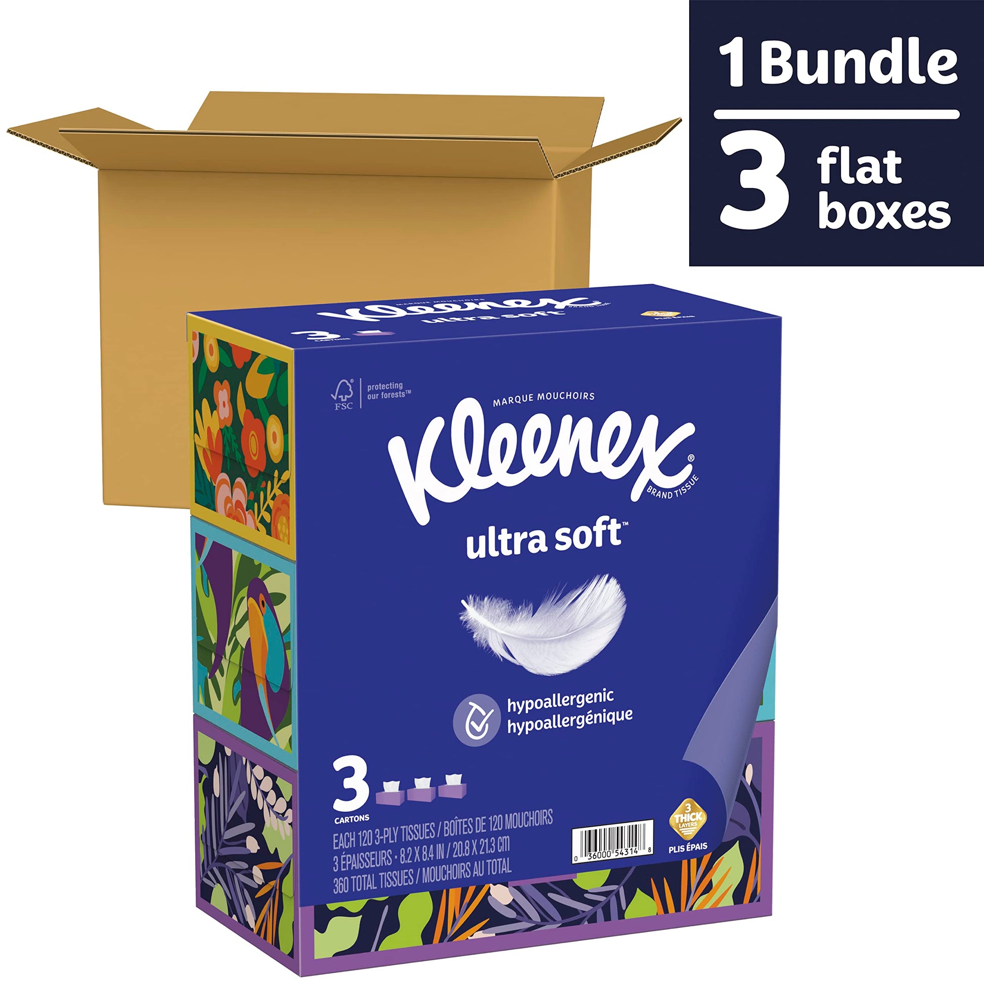 Kleenex Ultra Soft Facial Tissues, 3 Flat Boxes, 120 Tissues per Box, 3-Ply (360 Total Tissues), Packaging May Vary-UPStoxs