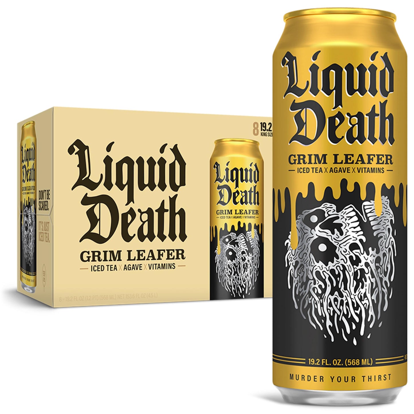 Liquid Death, Grim Leafer Iced Tea, 8-Pack (King Size 19.2oz Cans), Southern Style Sweet Tea Sweetened With Real Agave, B12 & B6 Vitamins, Low Calorie & Low Sugar-UPStoxs