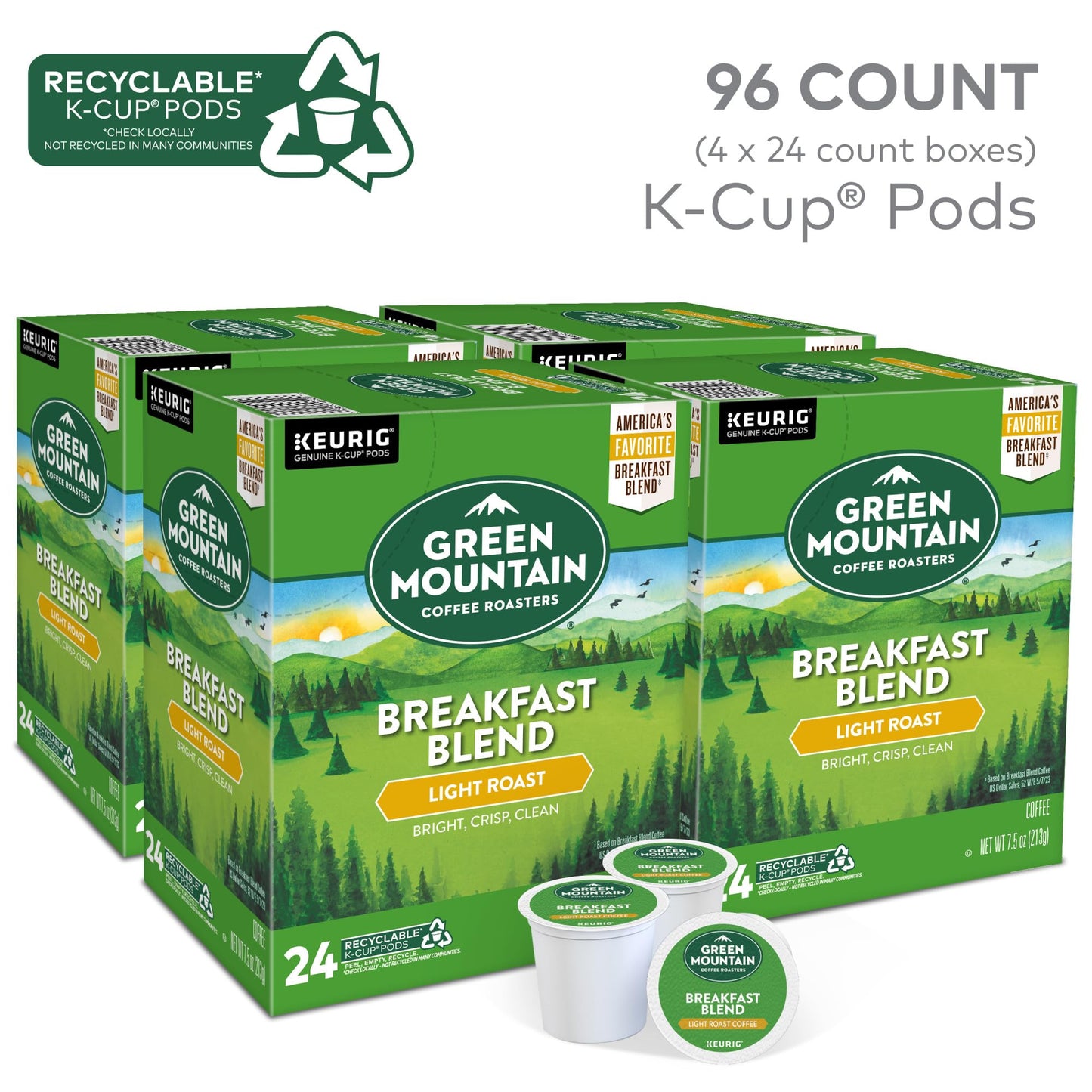 Green Mountain Coffee Roasters Breakfast Blend Single-Serve Keurig K-Cup Pods, Light Roast Coffee, 96 Count (4 Packs of 24)-UPStoxs