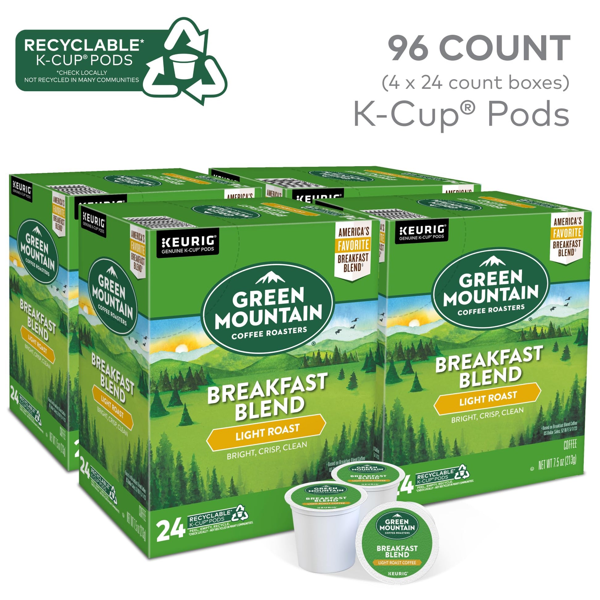 Green Mountain Coffee Roasters Breakfast Blend Single-Serve Keurig K-Cup Pods, Light Roast Coffee, 96 Count (4 Packs of 24)-UPStoxs