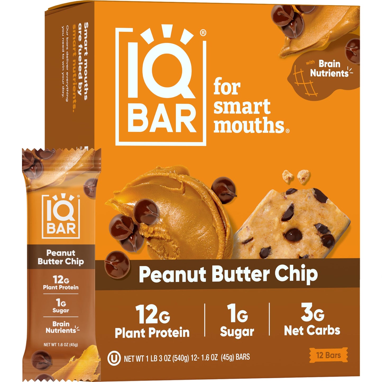 IQBAR Brain and Body Plant Protein Bars - Peanut Butter Chip - 12 Count, Low Carb, High Fiber, Gluten Free, Vegan Snacks - Low Sugar Keto Energy Bars-UPStoxs