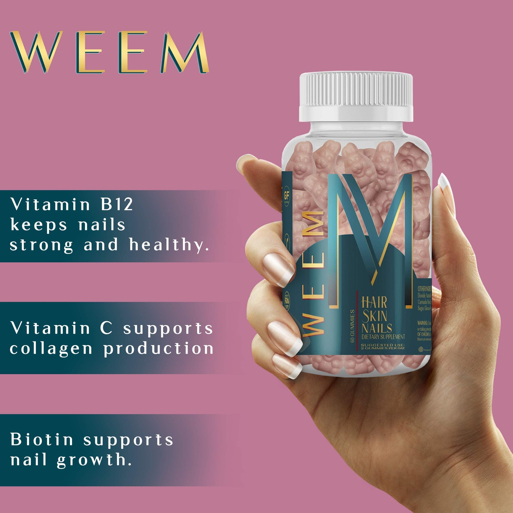 WEEM Hair Skin and Nails Gummies - Supports Healthy Hair - Vegan biotin Vitamins for Women & Men Supports Faster Hair Growth, Stronger Nails, Healthy Skin, Extra Strength (1)-UPStoxs