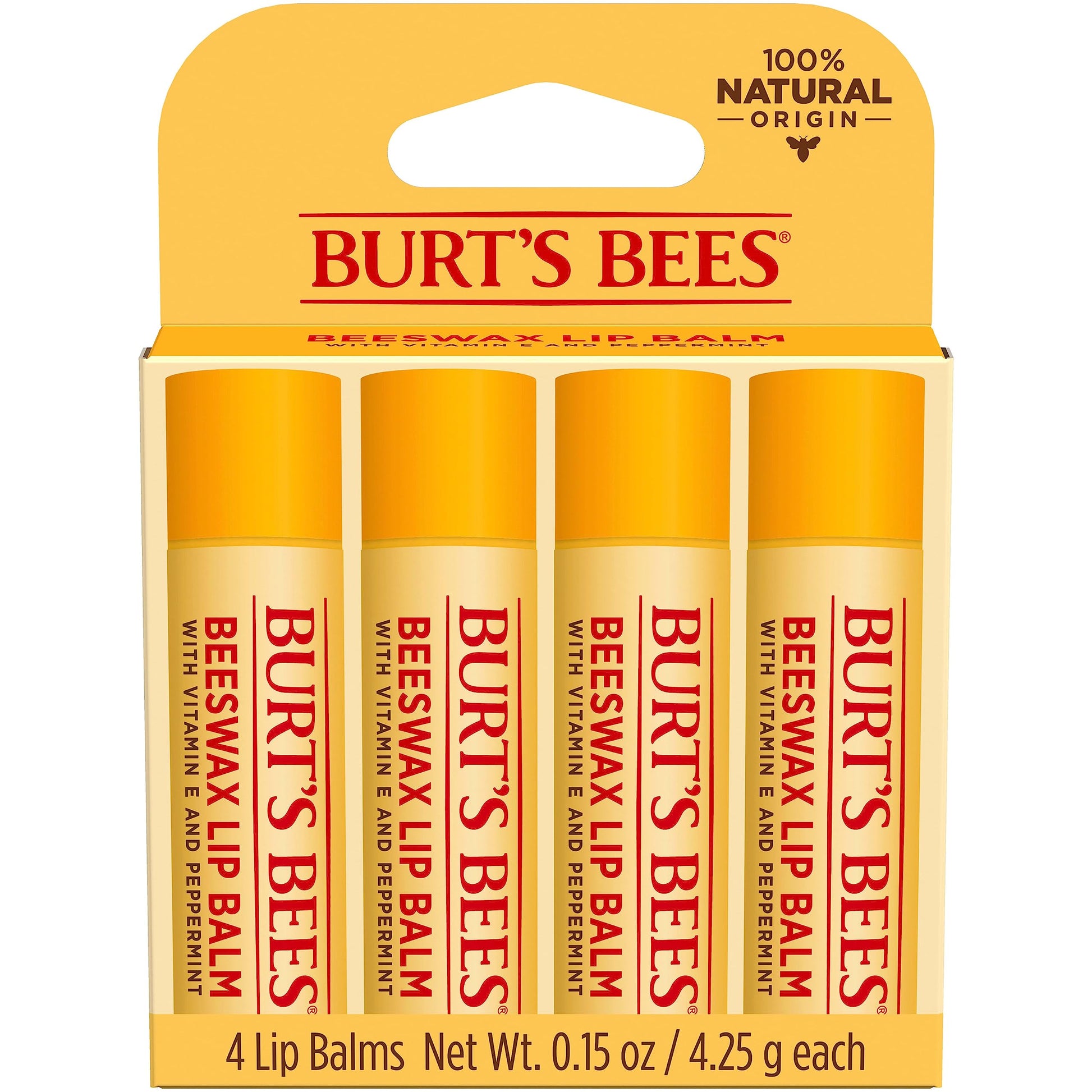 Burt's Bees Lip Balm - Original Beeswax, Lip Moisturizer With Responsibly Sourced Beeswax, Tint-Free, Natural Origin Conditioning Lip Treatment, 4 Tubes, 0.15 oz.-UPStoxs