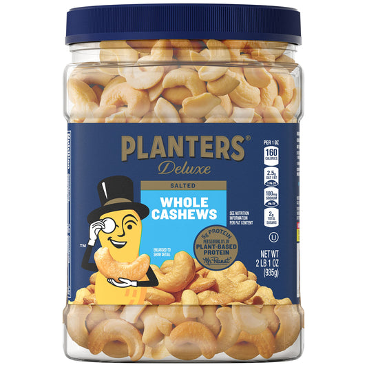 PLANTERS Deluxe Salted Whole Cashews, Party Snacks, Plant-Based Protein, Quick Snack for Adults, After School Snack, Roasted Cashew Flavored with Sea Salt, Kosher, 33oz Container-UPStoxs