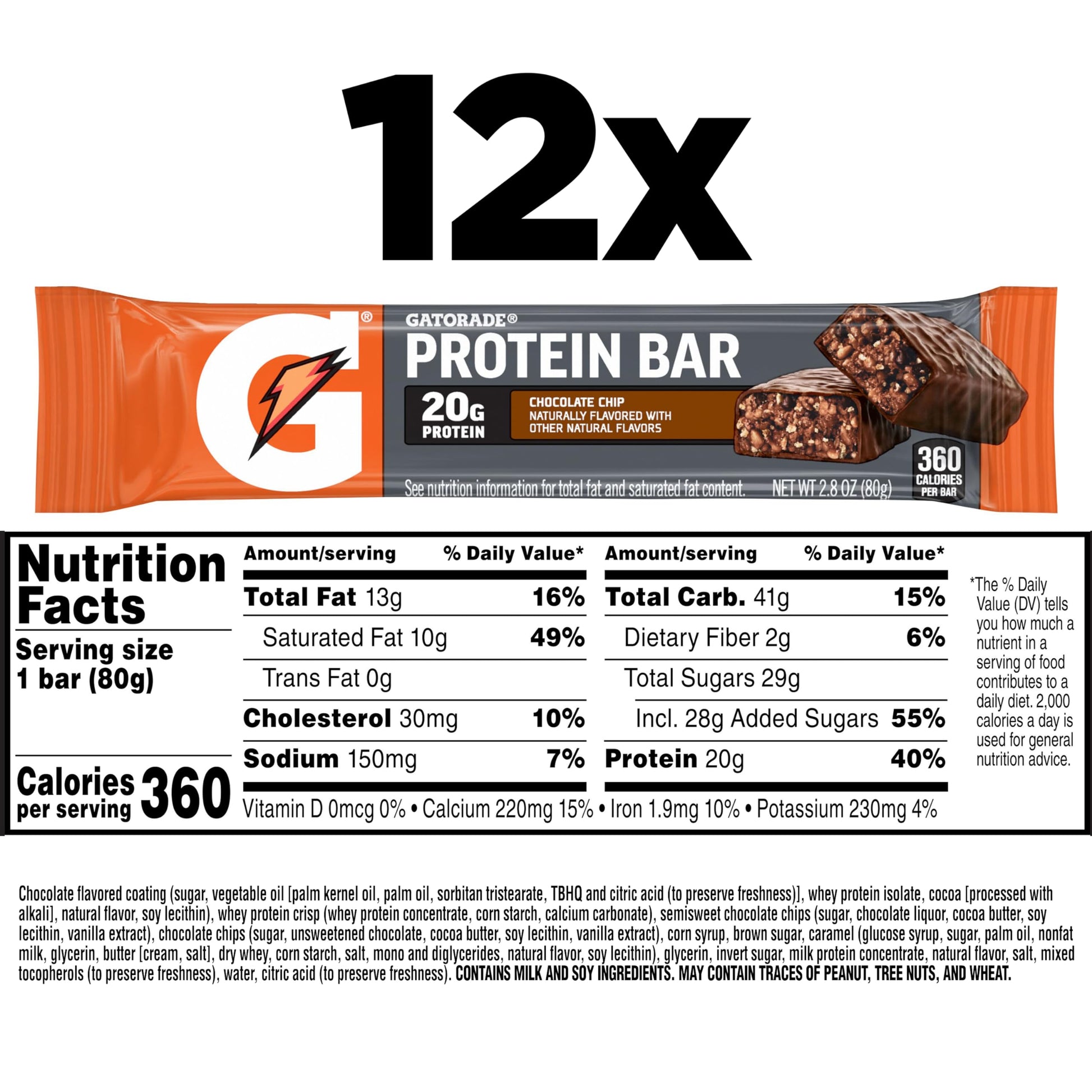 Gatorade Whey Protein Recover Bars, Chocolate Chip, 2.8 ounce(Pack of 12)-UPStoxs