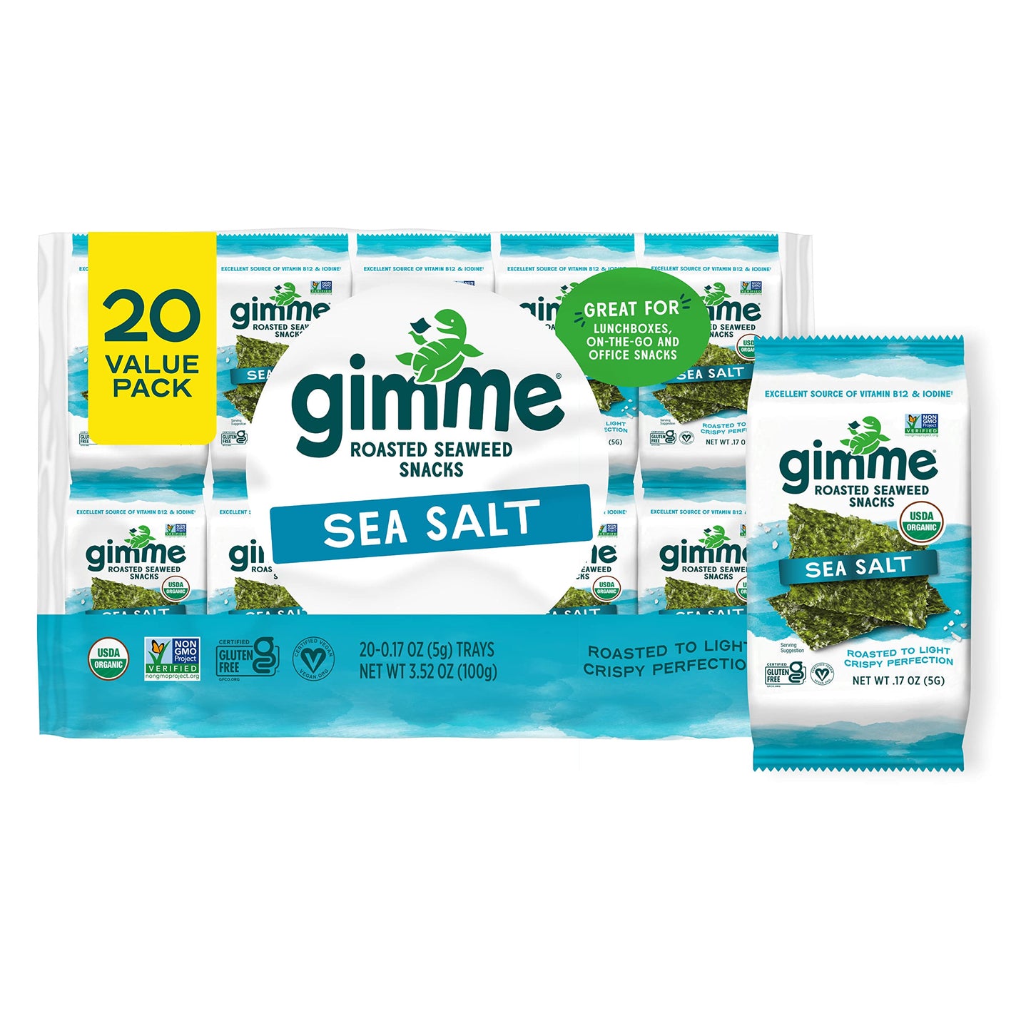 Gimme Seaweed - Sea Salt - 20 Count - Organic Roasted Seaweed Sheets - Keto, Vegan, Gluten Free - Great Source of Iodine & Omega 3’s - Healthy On-The-Go Snack for Kids & Adults-UPStoxs