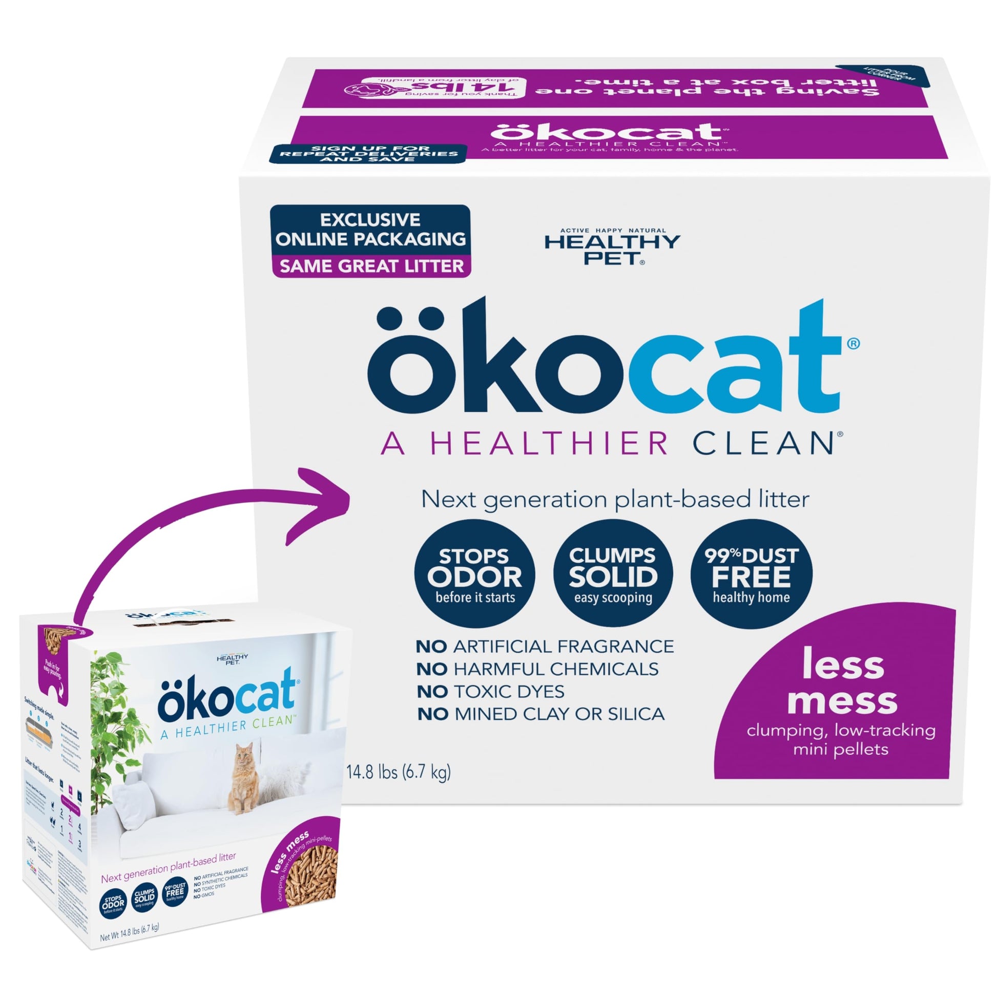 ÖKOCAT Natural Wood Clumping Cat Litter, Mini-Pellets, 14.8 lbs, Great for Long-Hair Breeds, Low Tracking, 99% Dust Free, Biodegradable, Odor Control, Unscented-UPStoxs