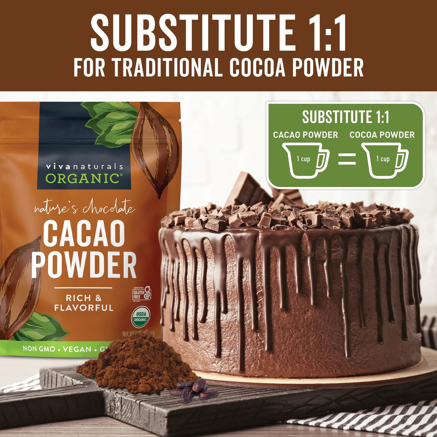 Viva Naturals Organic Cacao Powder, 1lb - Unsweetened Cacao Powder With Rich Dark Chocolate Flavor, Perfect for Baking & Smoothies, Non-GMO, Certified Vegan & Gluten-Free, 454 g-UPStoxs