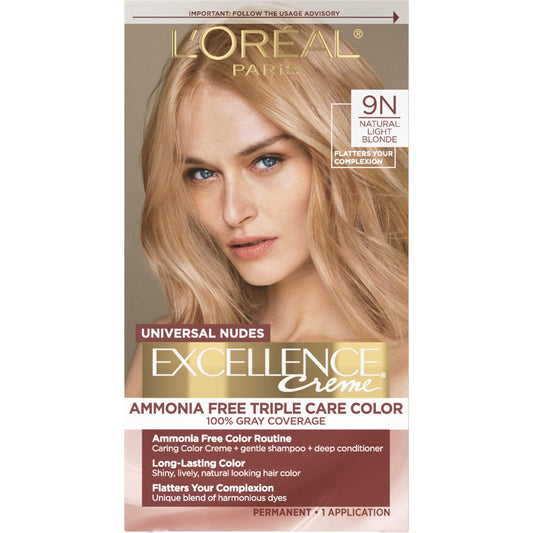 L'Oreal Paris Excellence Universal Nudes Permanent Hair Color, Ammonia Free Hair Dye for Gray Hair Coverage, 9N Natural Light Blonde, 1 Hair Dye Kit-UPStoxs