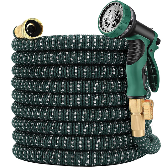 Expandable Garden Hose 100 ft with 10 Function Nozzle Sprayer, Lightweight & No-Kink Flexible Water Hose with Durable Latex Core & Solid Brass Fittings, 100ft Retractable Stretch Hose (DarkGreen)-UPStoxs