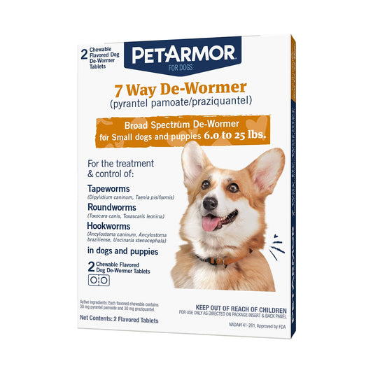 PetArmor 7 Way De-Wormer for Dogs, Oral Treatment for Tapeworm, Roundworm & Hookworm in Small Dogs & Puppies (6-25 lbs), Worm Remover (Praziquantel & Pyrantel Pamoate), 2 Flavored Chewables-UPStoxs