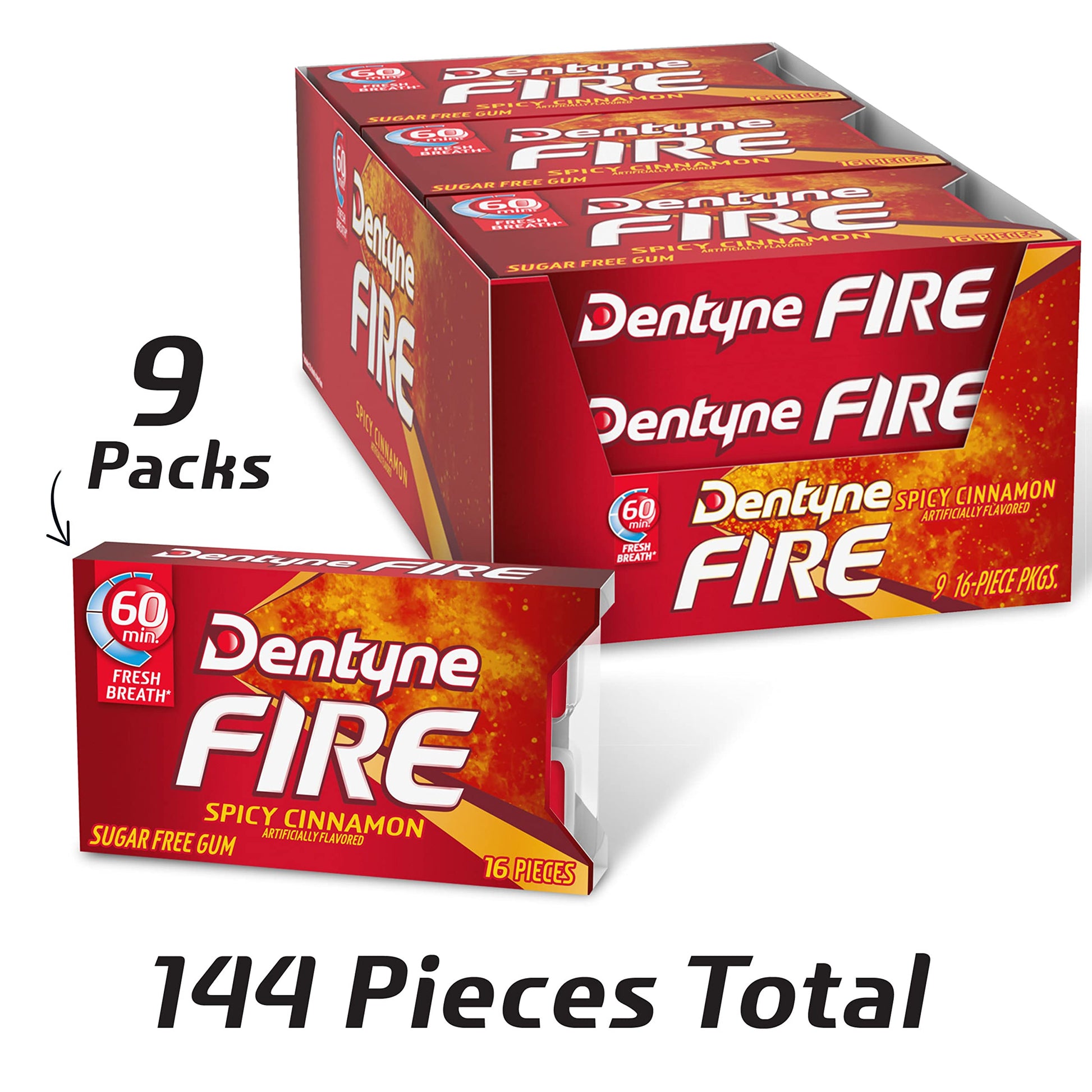 Dentyne Fire Spicy Cinnamon Sugar Free Gum, Pack of 9 (144 Total Pieces)-UPStoxs