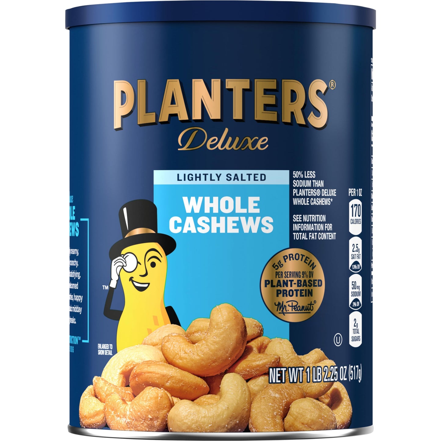 PLANTERS Deluxe Lightly Salted Whole Cashews, Party Snacks, Plant-Based Protein, Quick Snack for Adults, After School Snack, Roasted Cashew, Flavored with Sea Salt, Kosher, 1lb 2.25oz Canister-UPStoxs