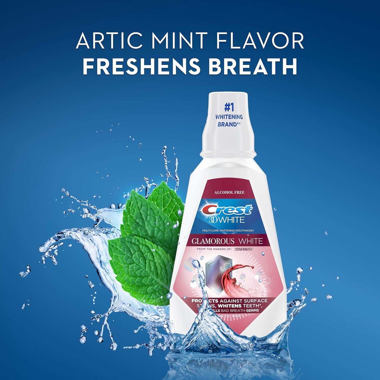 Crest 3D White Glamorous White Alcohol-Free Whitening Mouthwash, Arctic Mint, 32 fl. oz., 2 pk.