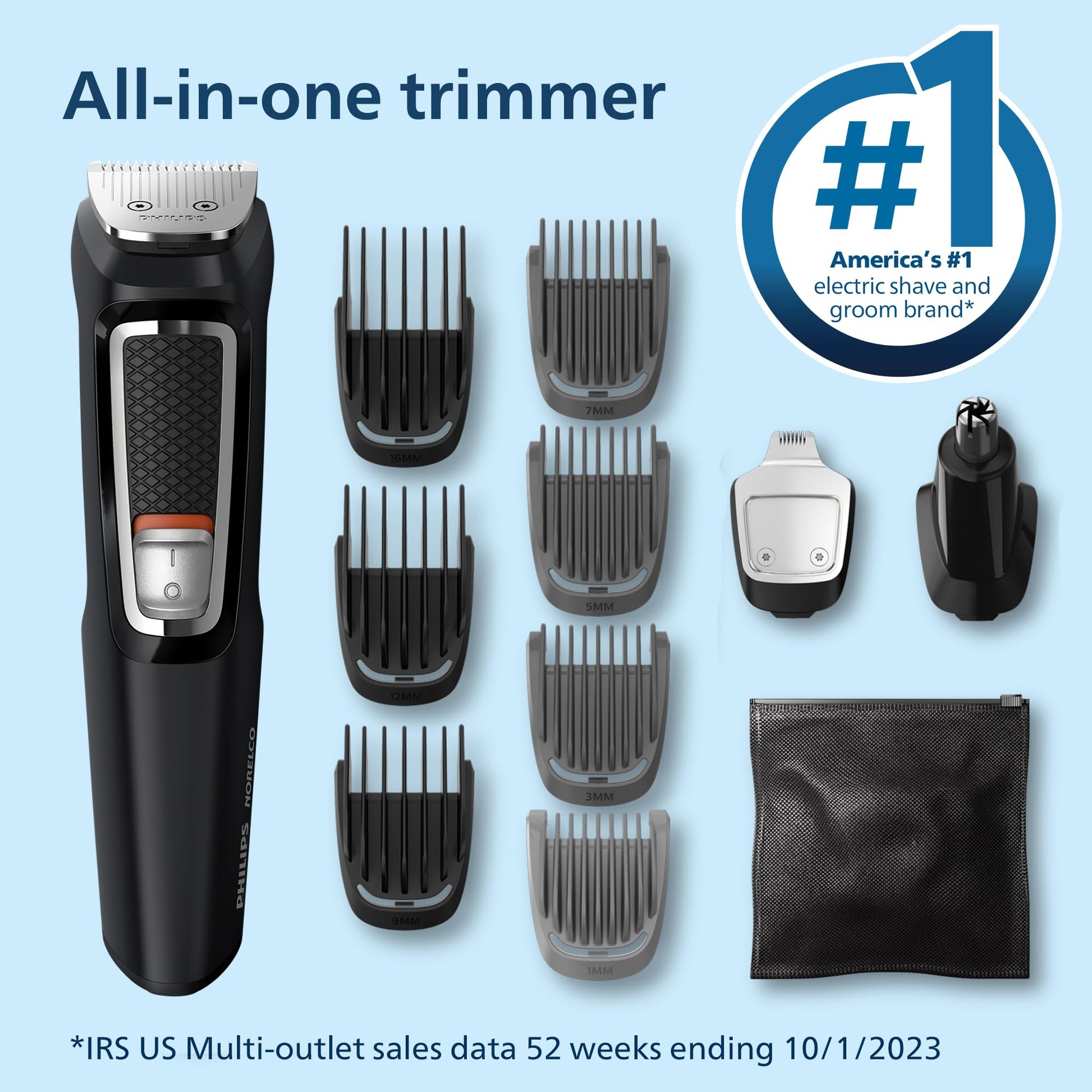 Norelco Philips Multi Groomer All-in-One Trimmer Series 3000-13 Piece Mens Grooming Kit for Beard, Face, Nose, Ear Hair Trimmer and Hair Clipper - NO Blade Oil Needed, MG3740/40-UPStoxs