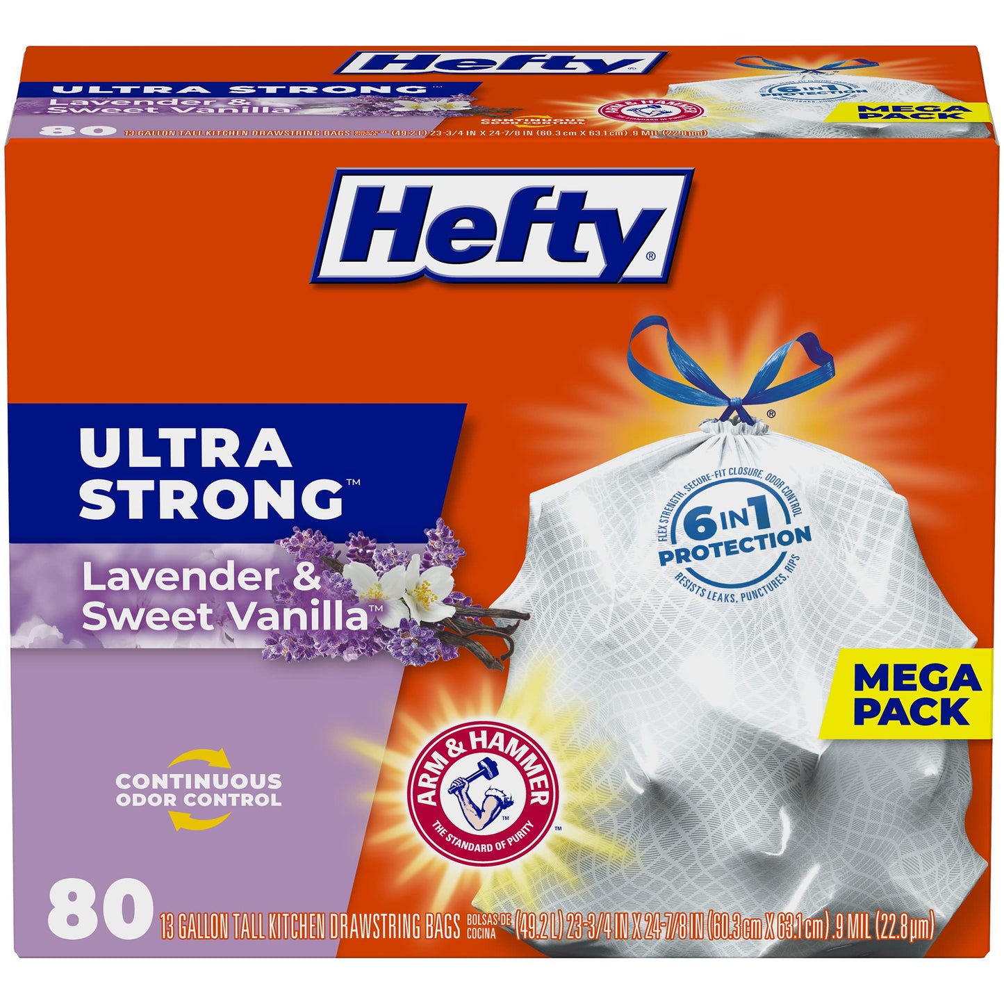 Hefty Ultra Strong Tall Kitchen Trash Bags, Lavender & Sweet Vanilla Scent, 13 Gallon, 80 Count-UPStoxs