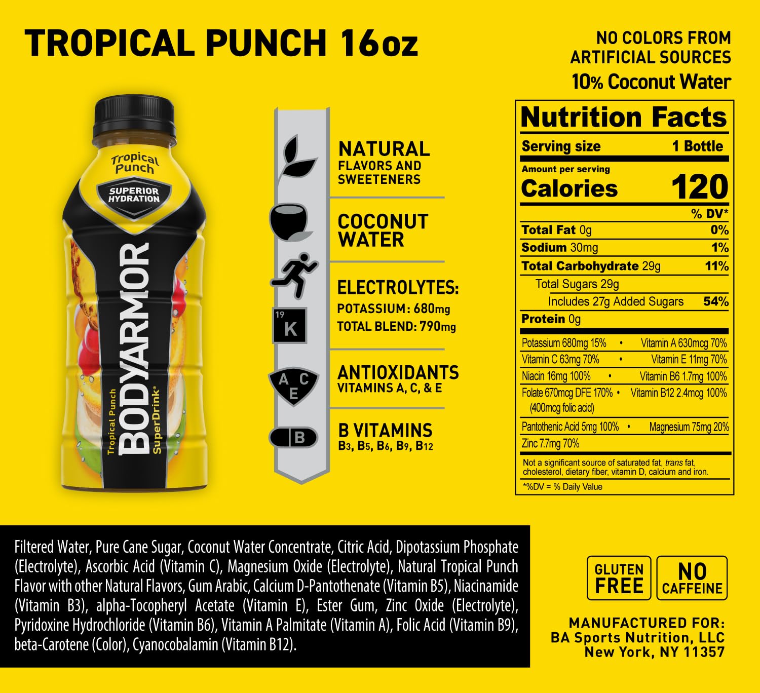 BODYARMOR Sports Drink Sports Beverage, Tropical Punch, Coconut Water Hydration, Natural Flavors With Vitamins, Potassium-Packed Electrolytes, Perfect For Athletes, 16 Fl Oz (Pack of 12)-UPStoxs