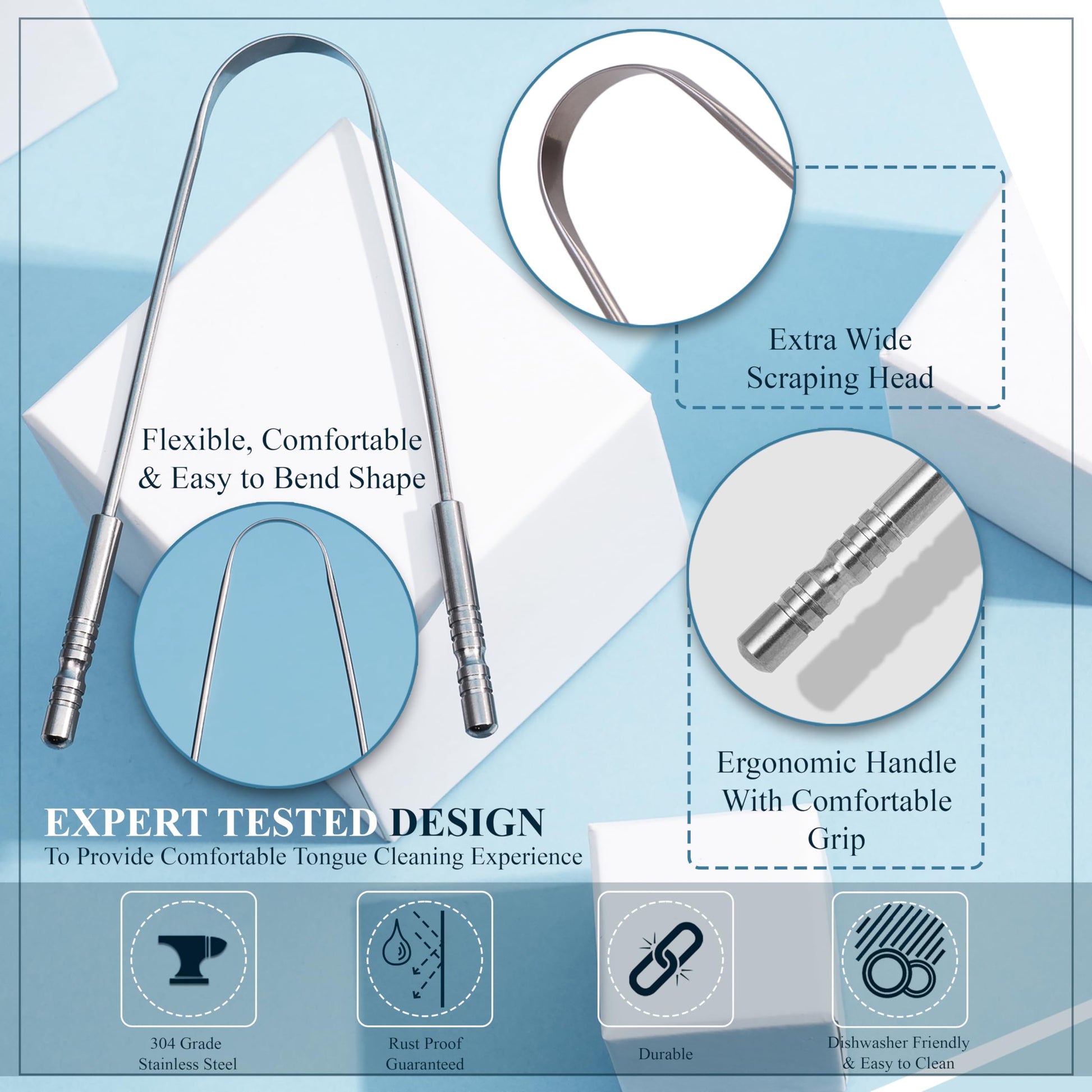 MasterMedi Tongue Scraper for Adults with Multicolor Travel Cases (2 Pack), 100% Stainless Steel, Reduce Bad Breath, Tongue Scrubber, Easy to Use, Tongue Cleaner for Oral Care & Hygiene-UPStoxs