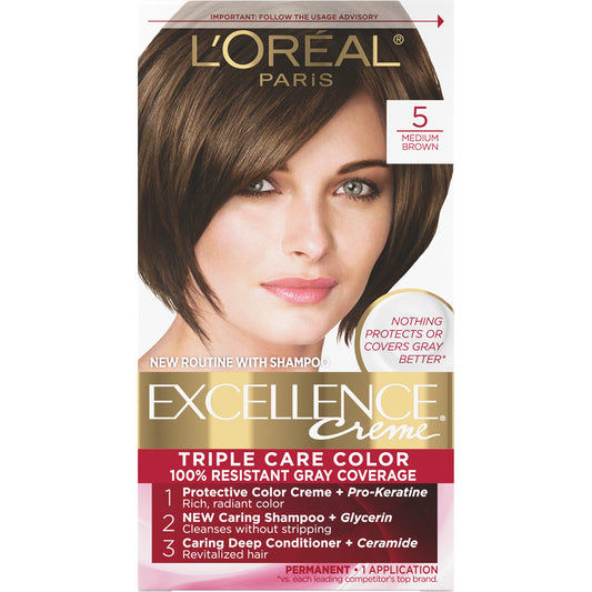 L'Oreal Paris Excellence Creme Permanent Triple Care Hair Color, 5 Medium Brown, Gray Coverage For Up to 8 Weeks, All Hair Types, Pack of 1-UPStoxs