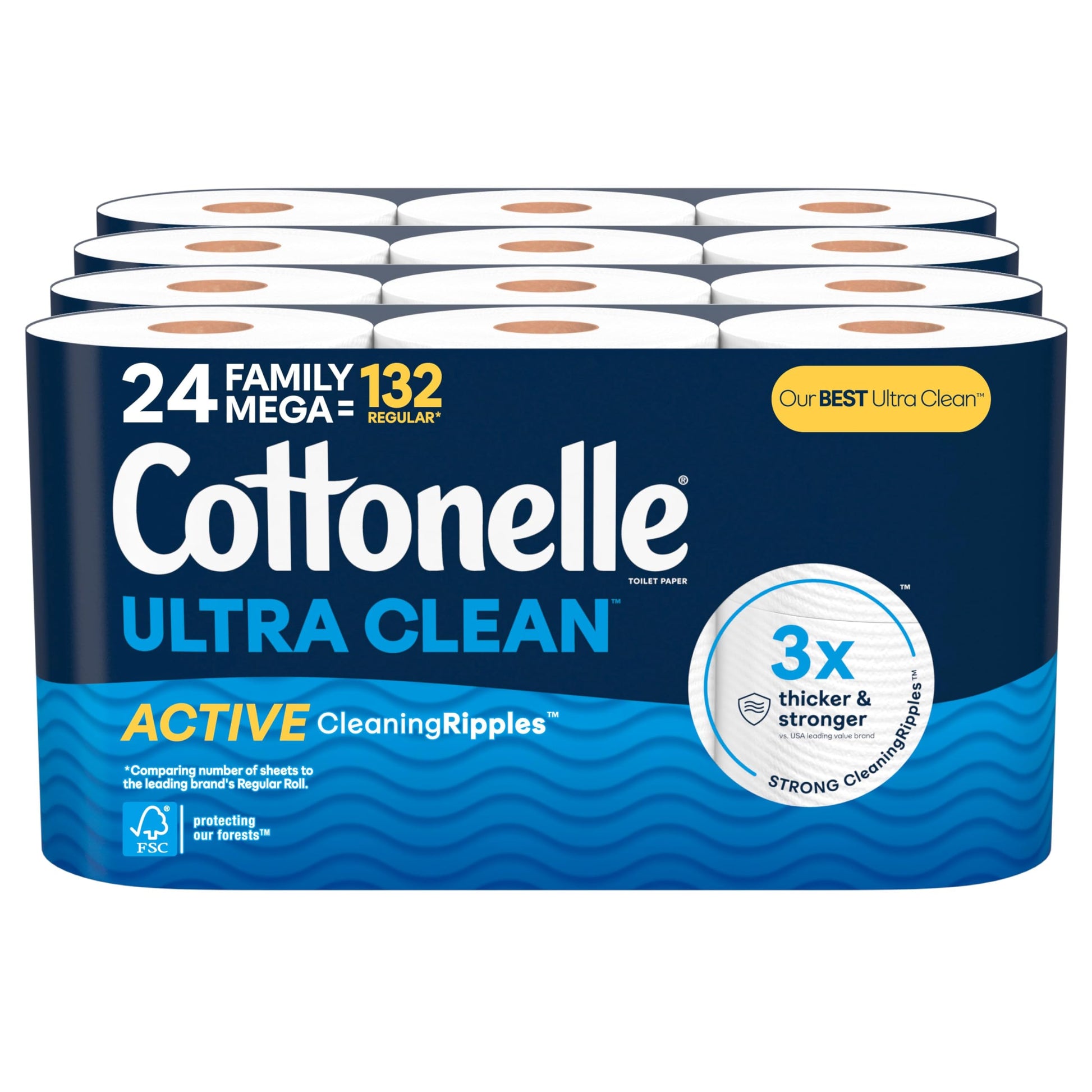 Cottonelle Ultra Clean Toilet Paper with Active CleaningRipples Texture, 24 Family Mega Rolls (24 Family Mega Rolls = 132 Regular Rolls) (4 Packs of 6), 353 Sheets Per Roll, Packaging May Vary-UPStoxs