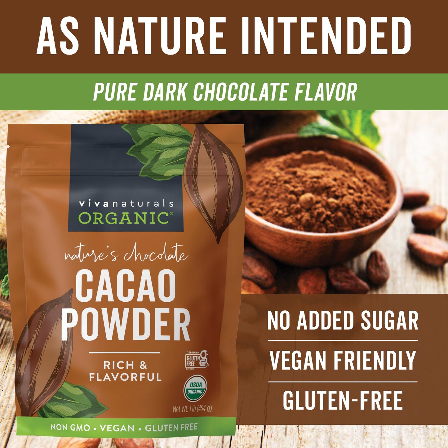 Viva Naturals Organic Cacao Powder, 1lb - Unsweetened Cacao Powder With Rich Dark Chocolate Flavor, Perfect for Baking & Smoothies, Non-GMO, Certified Vegan & Gluten-Free, 454 g-UPStoxs