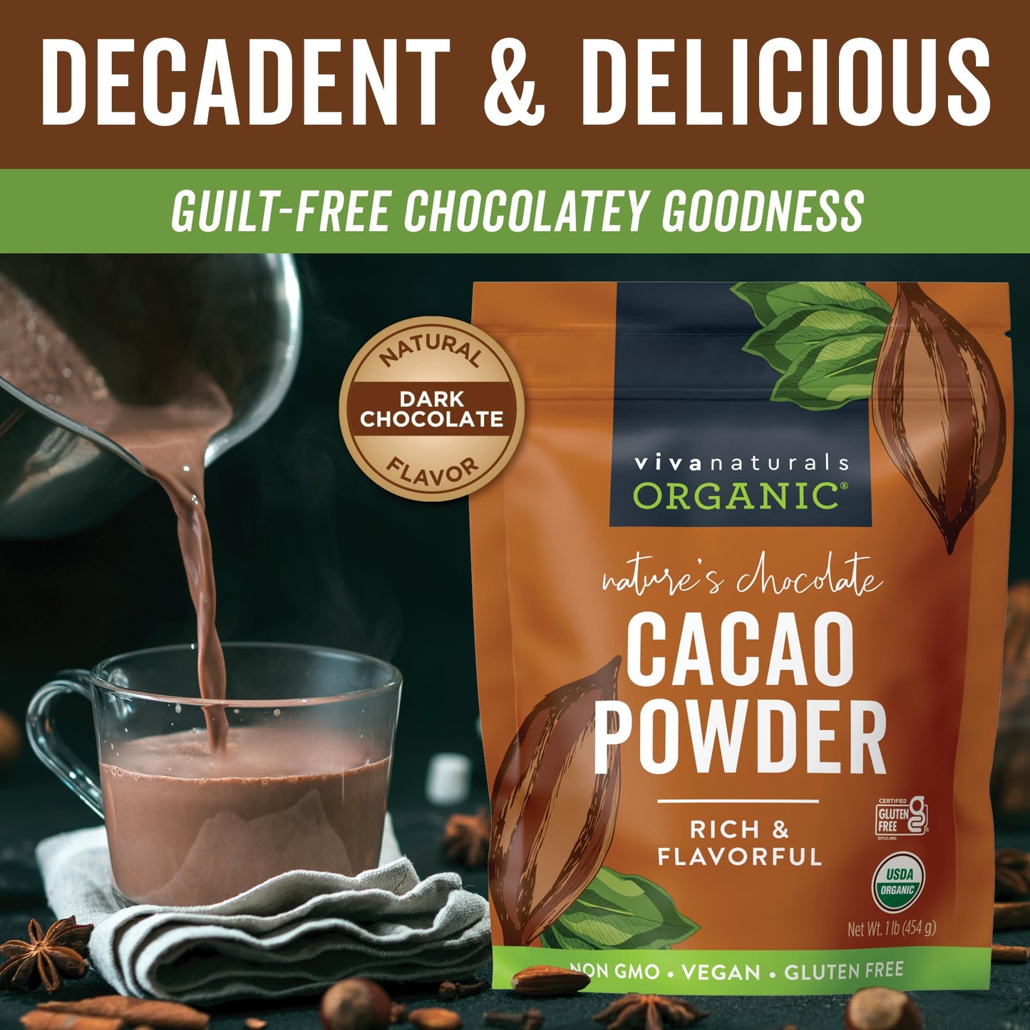 Viva Naturals Organic Cacao Powder, 1lb - Unsweetened Cacao Powder With Rich Dark Chocolate Flavor, Perfect for Baking & Smoothies, Non-GMO, Certified Vegan & Gluten-Free, 454 g-UPStoxs