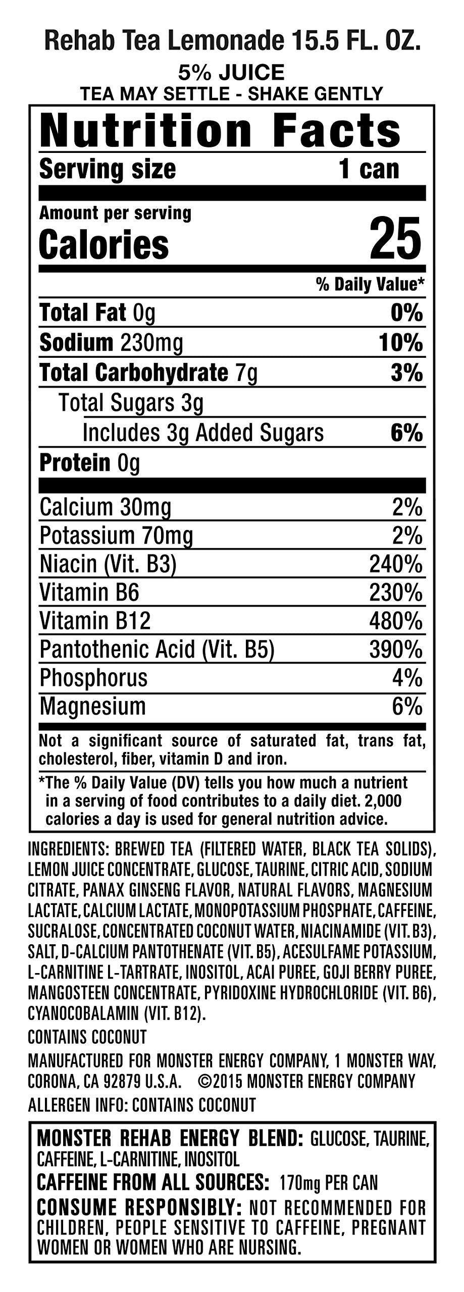 Monster Energy Rehab Tea + Lemonade + Energy, Energy Iced Tea, Energy Drink 15.5 Ounce (Pack of 15)-UPStoxs