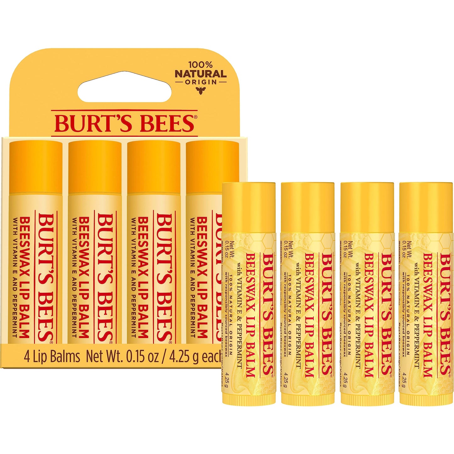 Burt's Bees Lip Balm - Original Beeswax, Lip Moisturizer With Responsibly Sourced Beeswax, Tint-Free, Natural Origin Conditioning Lip Treatment, 4 Tubes, 0.15 oz.-UPStoxs