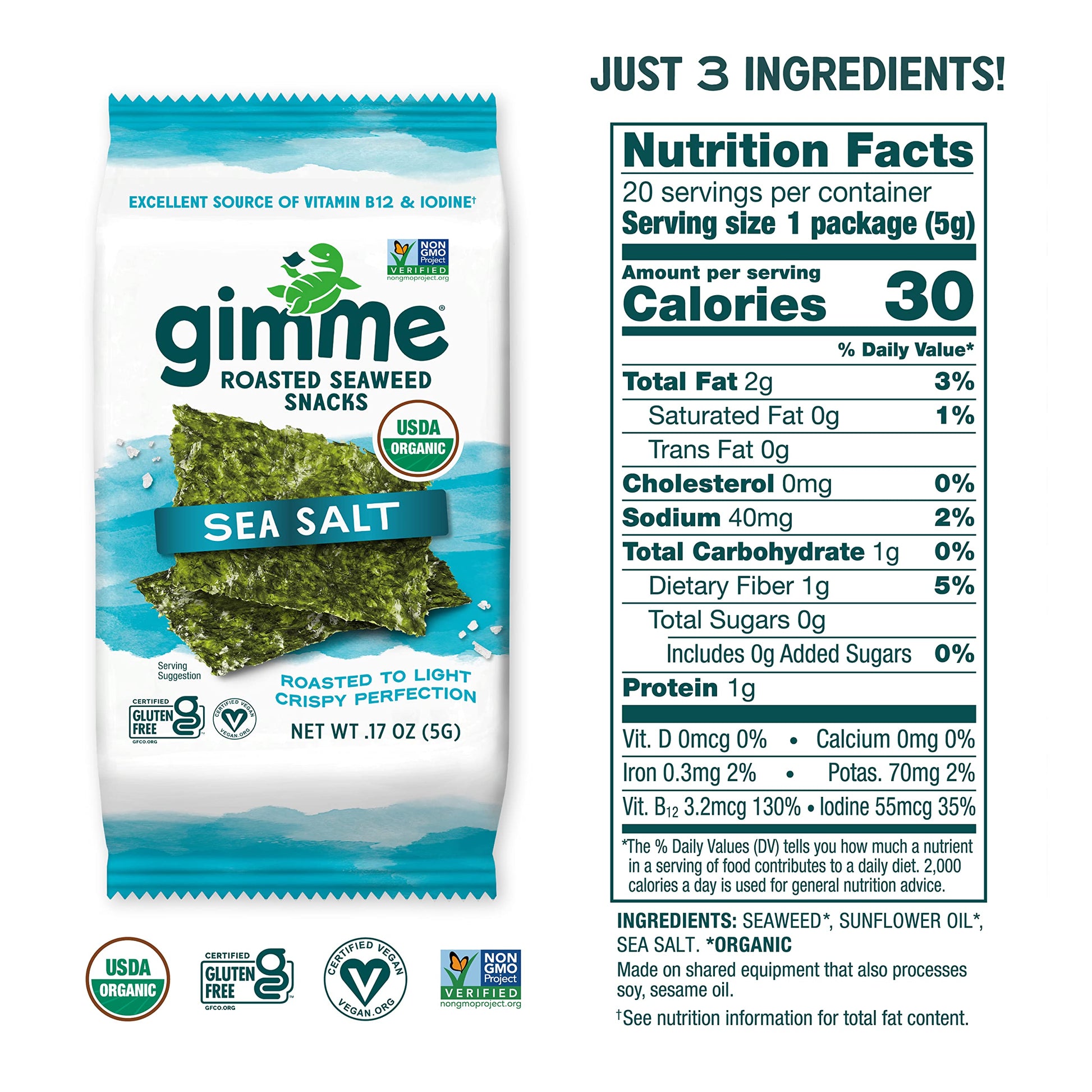 Gimme Seaweed - Sea Salt - 20 Count - Organic Roasted Seaweed Sheets - Keto, Vegan, Gluten Free - Great Source of Iodine & Omega 3’s - Healthy On-The-Go Snack for Kids & Adults-UPStoxs