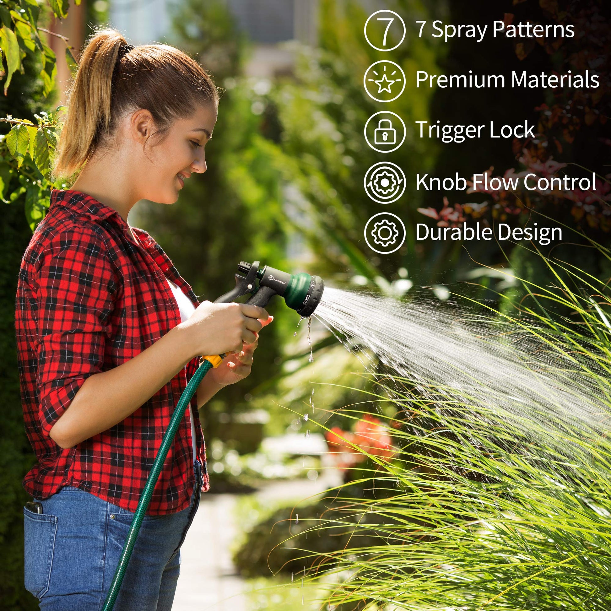 AUTOMAN-Garden-Hose-Nozzle,ABS Water Spray Nozzle with Heavy Duty 7 Adjustable Watering Patterns,Slip Resistant for Plants,Lawn,Washing Cars,Cleaning,Showering Pets & Outdoor Fun.-UPStoxs