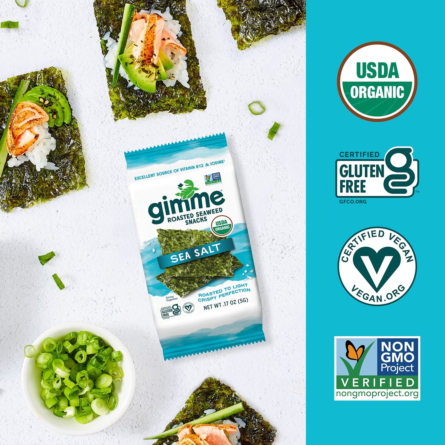 Gimme Seaweed - Sea Salt - 20 Count - Organic Roasted Seaweed Sheets - Keto, Vegan, Gluten Free - Great Source of Iodine & Omega 3’s - Healthy On-The-Go Snack for Kids & Adults-UPStoxs