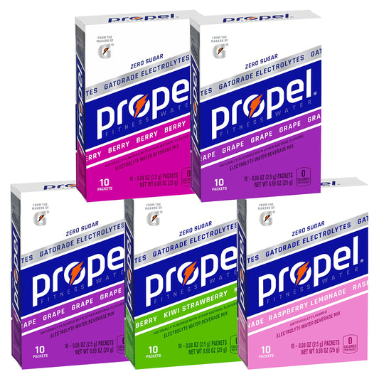 Propel Powder Packets 4 Flavor Variety Pack With Electrolytes, Vitamins and No Sugar 10 Count (Pack of 5) (Packaging May Vary)-UPStoxs