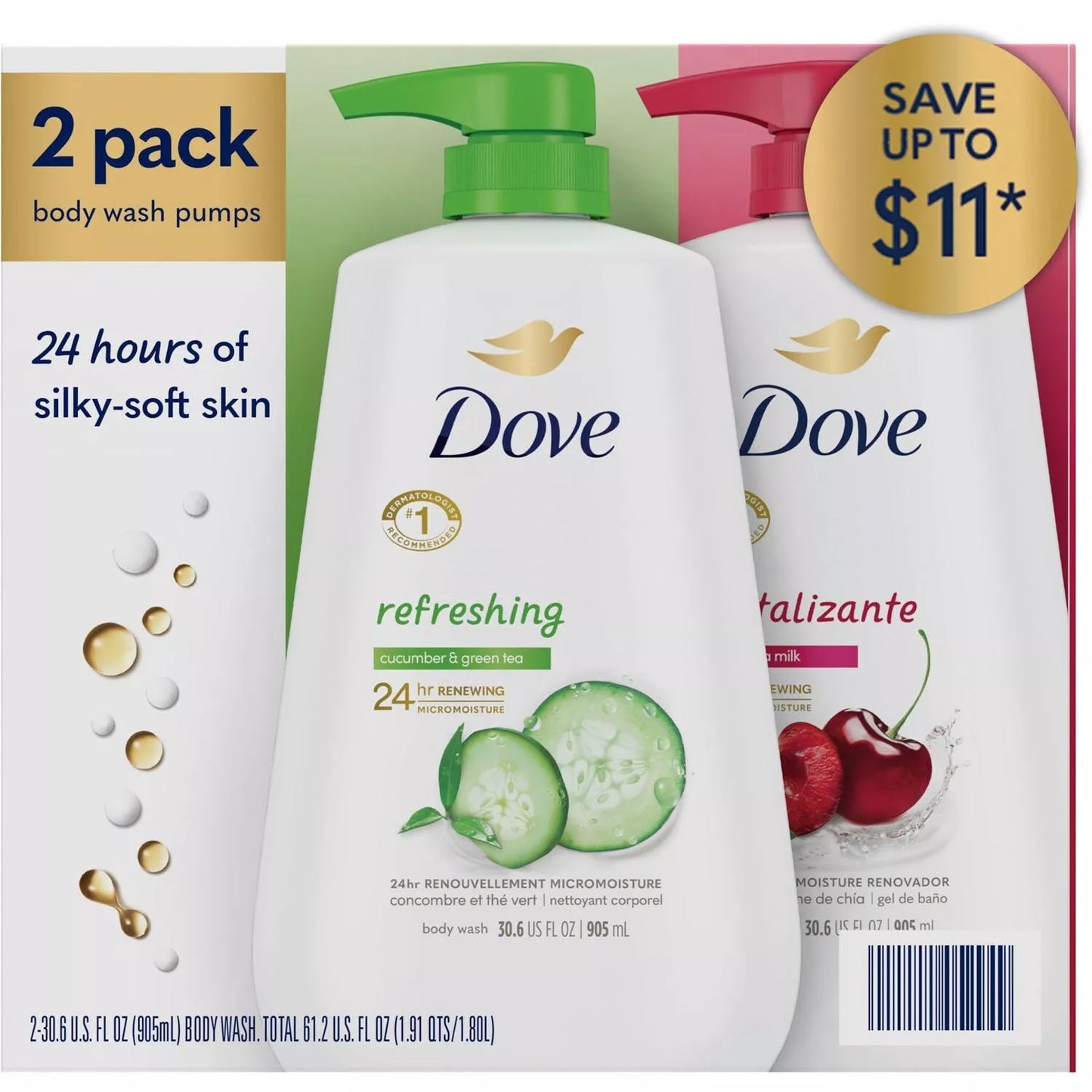 Dove Refreshing Body Wash, Cucumber Green Tea and Cherry Chia Milk, 30.6 fl. oz., 2 pk.