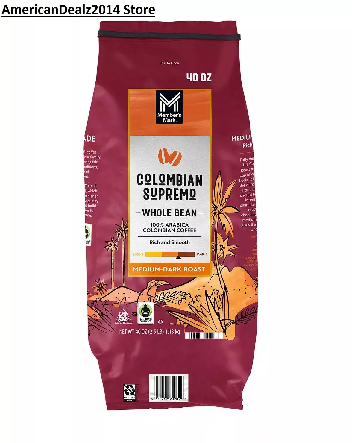 Member's Mark Colombian Supremo Whole Bean Coffee, 40 oz.-UPStoxs