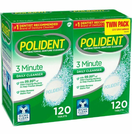 Polident 3-Minute Triple-Mint Antibacterial Denture Cleanser, Effervescent Tablets, 120 ct., 2 pk.