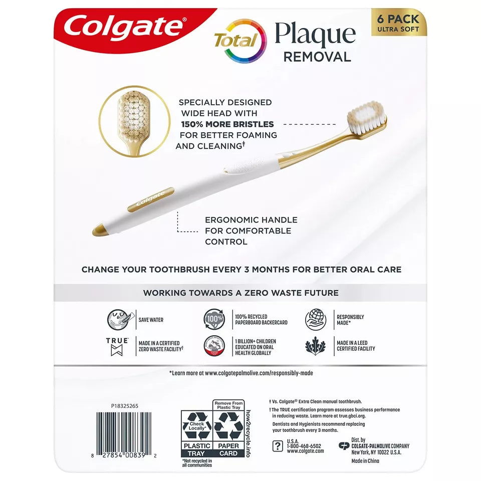 Colgate Total Plaque Removal Manual Toothbrush, Ultra Soft, 6 pk.