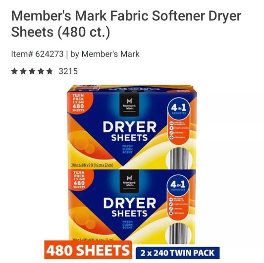 Member's Mark Fabric Softener Dryer Sheets 480 ct.