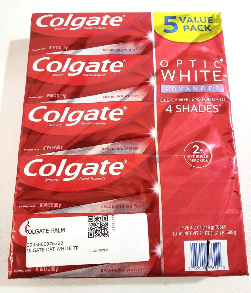 Colgate Optic White Advanced Teeth Whitening Toothpaste, Sparkling White, 4.2 oz., 5 pk.